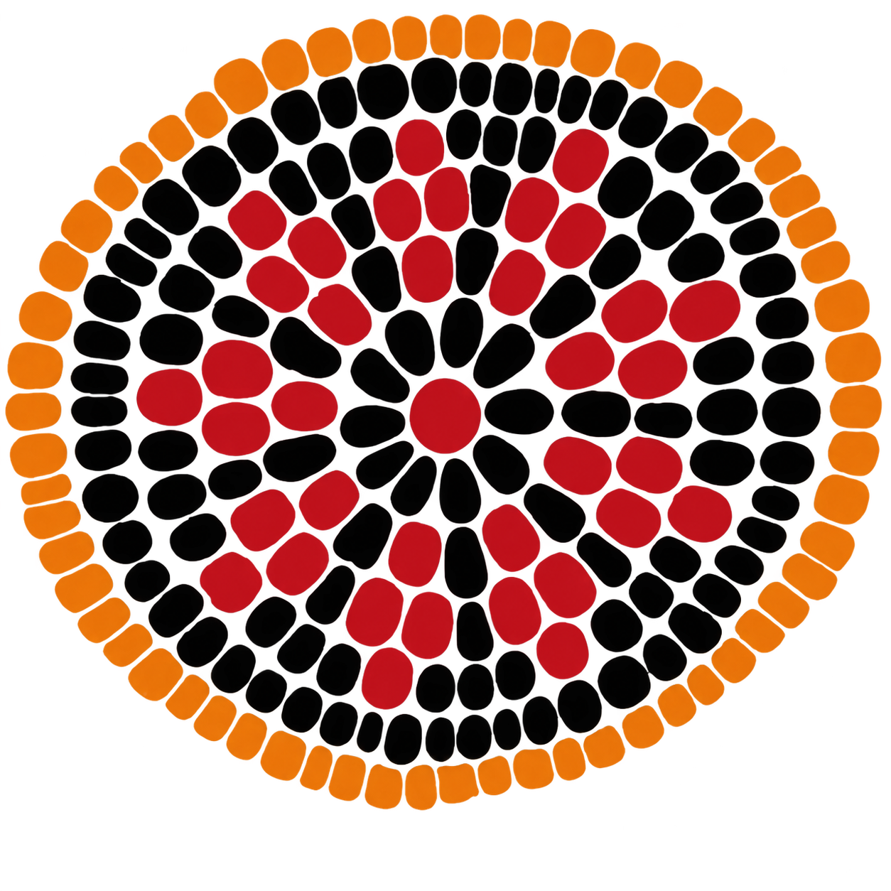 Circular orange, black, and red beadwork tree design
